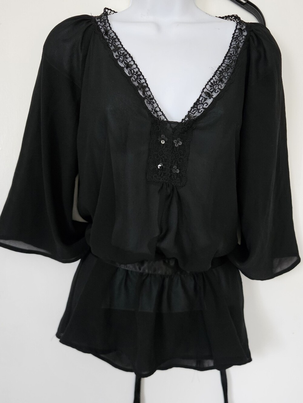 Whimsigoth Dark Fairy Womens Top 6 Flare Sleeve Sheer Oleg Cassini Y2K Lace